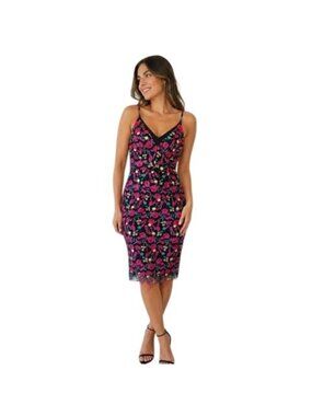 Dress The Population Floral Embroidered Midi Dress Spaghetti Straps Pink Size L